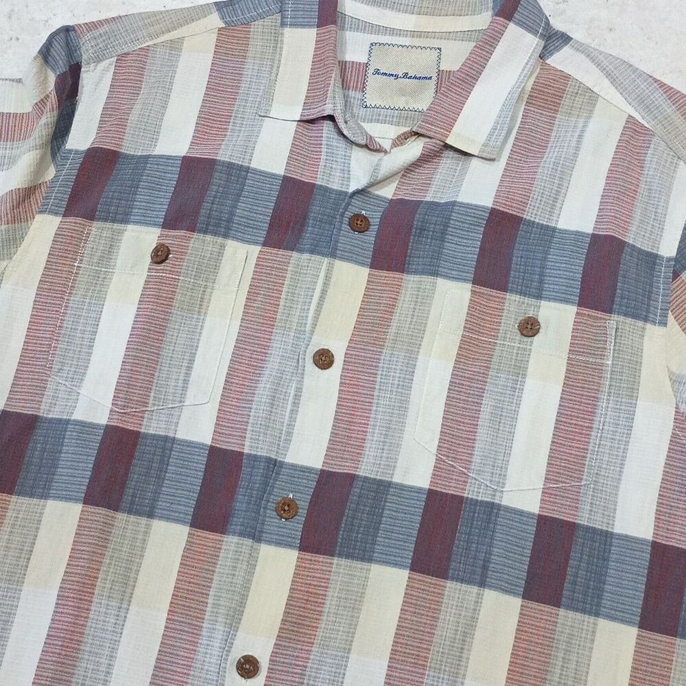 Tommy Bahama Shirt Large Collard Plaid Silk Blend Two Pockets w/Buttons Sailfish - Picture 6 of 14